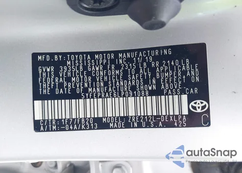 2020 Toyota Corolla Le from USA, damaged, VIN 5YFEPRAE6LP091088